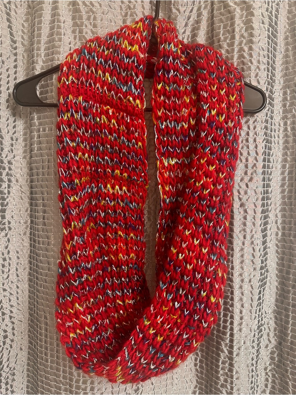 Hand-Knit Red Multicolor Infinity Scarf